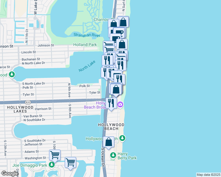 map of restaurants, bars, coffee shops, grocery stores, and more near 101 North Ocean Drive in Hollywood