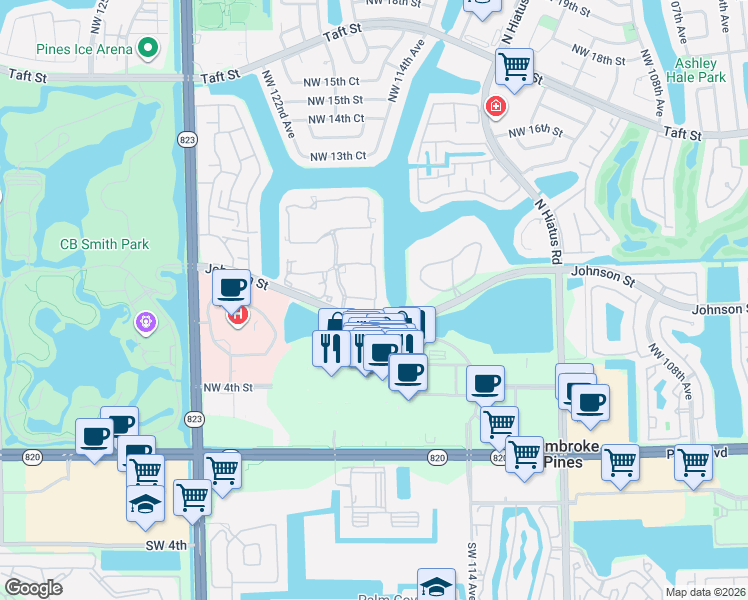 map of restaurants, bars, coffee shops, grocery stores, and more near 11452 Northwest 10th Street in Pembroke Pines