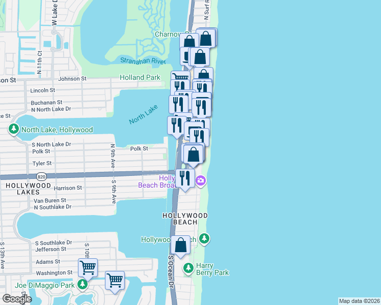 map of restaurants, bars, coffee shops, grocery stores, and more near 101 North Ocean Drive in Hollywood
