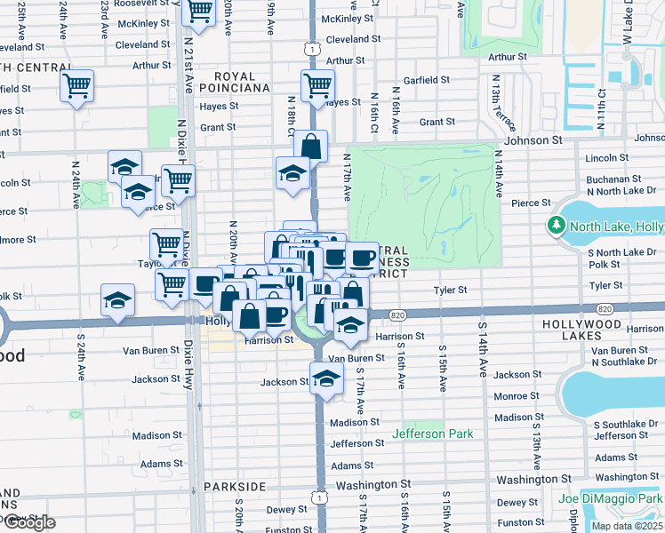 map of restaurants, bars, coffee shops, grocery stores, and more near 1776 Polk Street in Hollywood