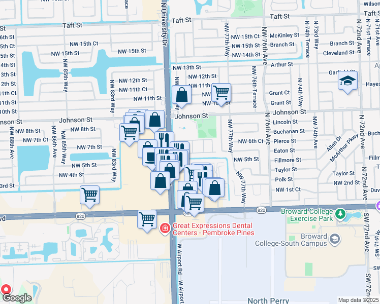 map of restaurants, bars, coffee shops, grocery stores, and more near 303 North University Drive in Pembroke Pines