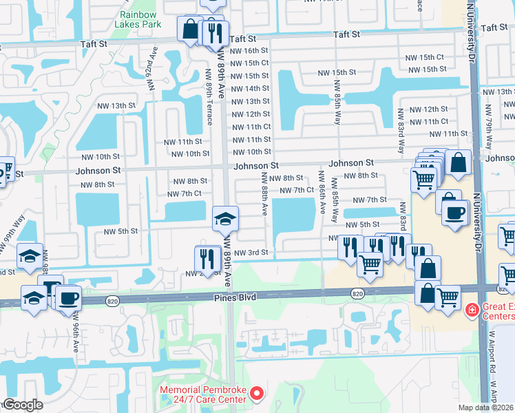 map of restaurants, bars, coffee shops, grocery stores, and more near 8810 Northwest 6th Street in Pembroke Pines