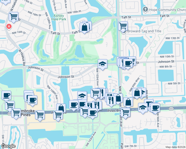 map of restaurants, bars, coffee shops, grocery stores, and more near 396 Northwest 103rd Terrace in Pembroke Pines
