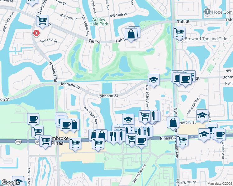 map of restaurants, bars, coffee shops, grocery stores, and more near 10561 Northwest 8th Street in Pembroke Pines