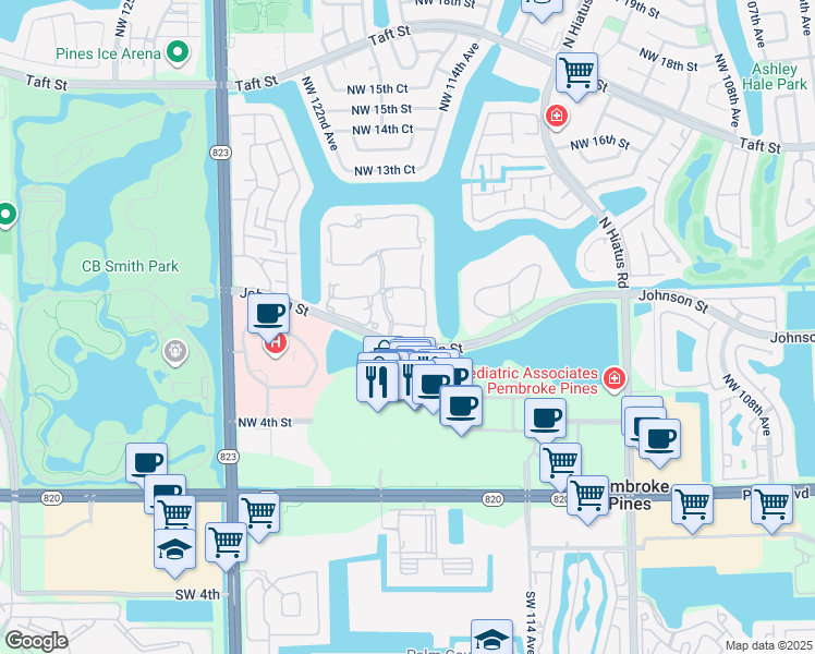 map of restaurants, bars, coffee shops, grocery stores, and more near in Pembroke Pines