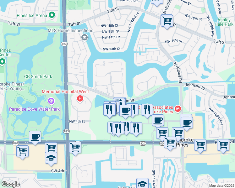 map of restaurants, bars, coffee shops, grocery stores, and more near in Pembroke Pines