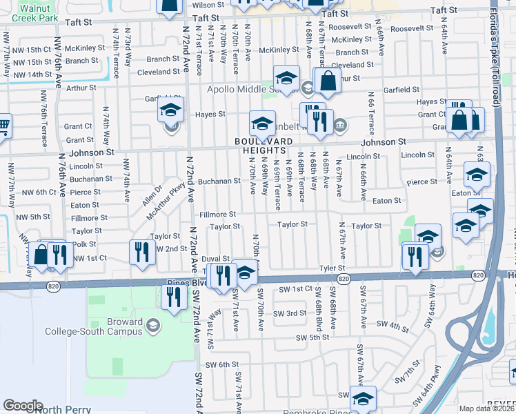 map of restaurants, bars, coffee shops, grocery stores, and more near 410 North 69th Way in Hollywood