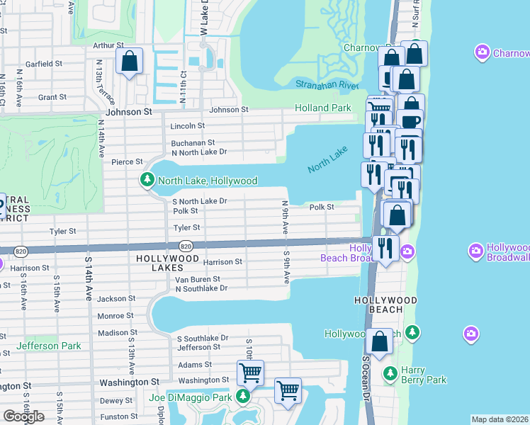 map of restaurants, bars, coffee shops, grocery stores, and more near 920 Tyler Street in Hollywood
