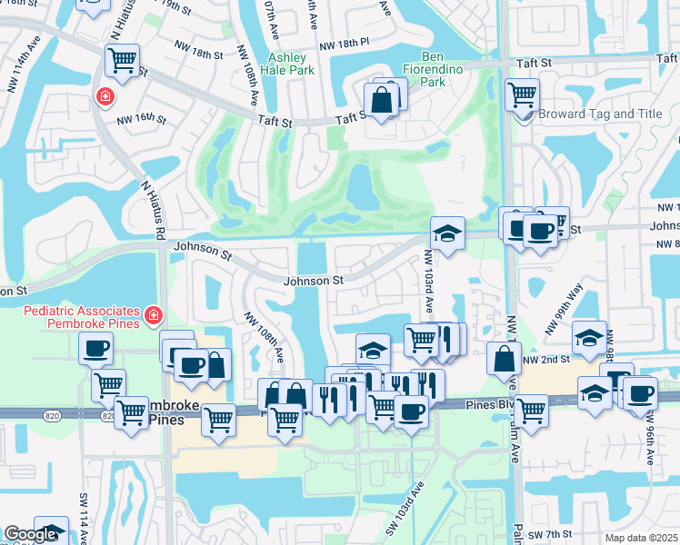 map of restaurants, bars, coffee shops, grocery stores, and more near 10561 Northwest 8th Street in Pembroke Pines