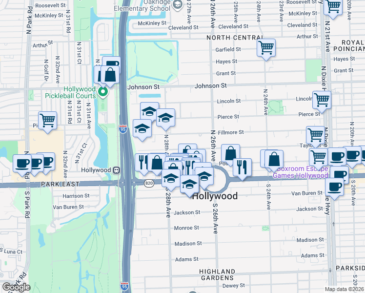 map of restaurants, bars, coffee shops, grocery stores, and more near 2706 Fillmore Street in Hollywood