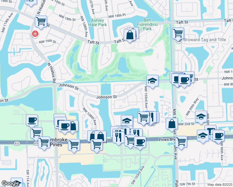 map of restaurants, bars, coffee shops, grocery stores, and more near 10549 Northwest 10th Street in Pembroke Pines