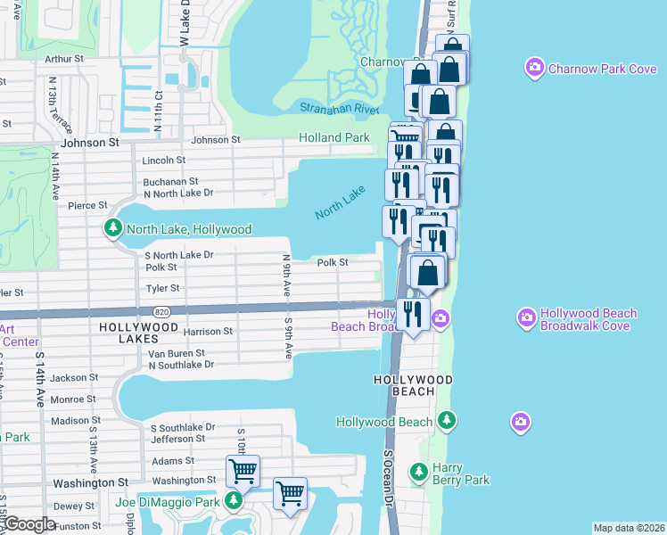 map of restaurants, bars, coffee shops, grocery stores, and more near 600 Polk Street in Hollywood