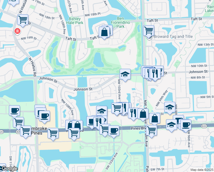 map of restaurants, bars, coffee shops, grocery stores, and more near 10362 Northwest 11th Street in Pembroke Pines