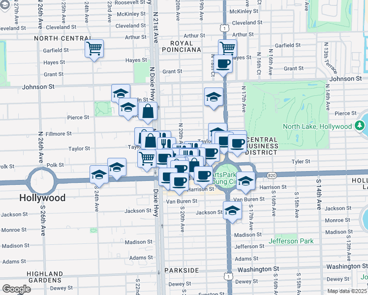 map of restaurants, bars, coffee shops, grocery stores, and more near 1947 Taylor Street in Hollywood