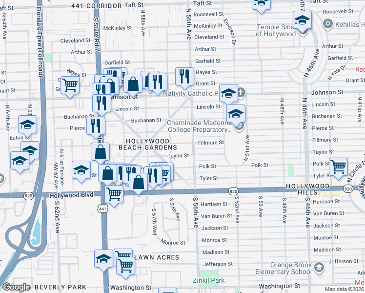 map of restaurants, bars, coffee shops, grocery stores, and more near 5617 Fillmore Street in Hollywood