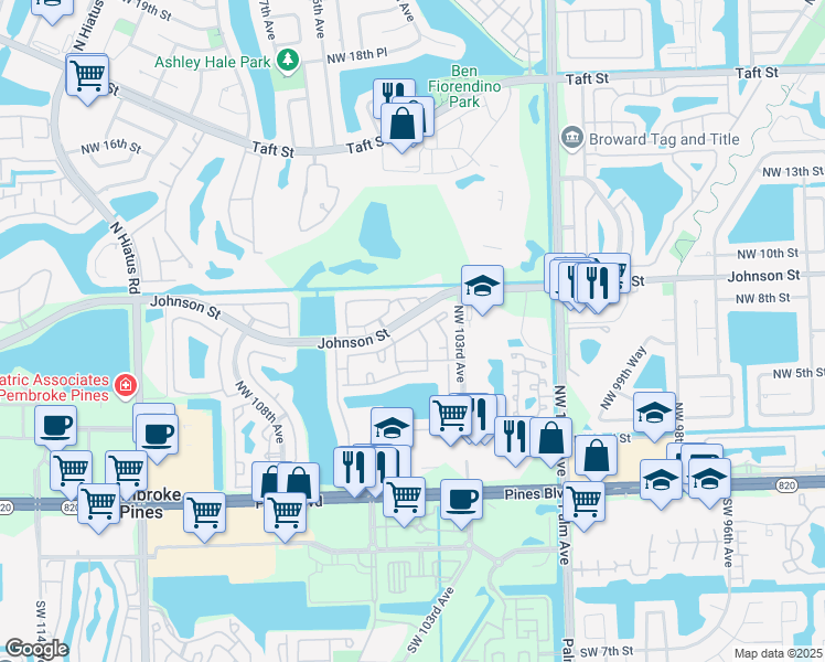 map of restaurants, bars, coffee shops, grocery stores, and more near 10362 Northwest 11th Street in Pembroke Pines