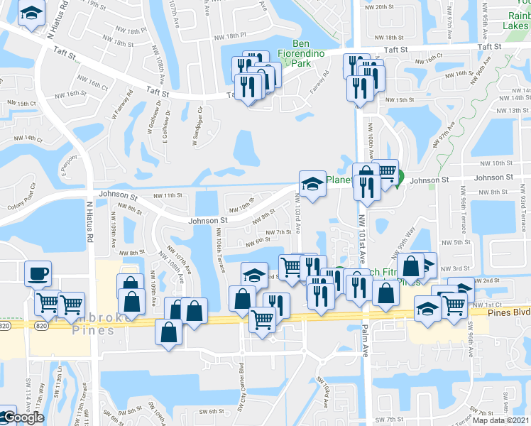 map of restaurants, bars, coffee shops, grocery stores, and more near 10362 Northwest 11th Street in Pembroke Pines