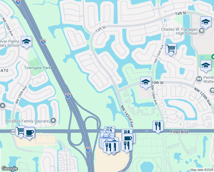 map of restaurants, bars, coffee shops, grocery stores, and more near 1142 Northwest 143rd Avenue in Pembroke Pines