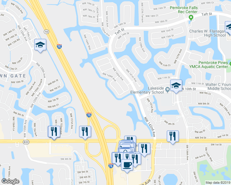 map of restaurants, bars, coffee shops, grocery stores, and more near 1237 Northwest 144th Terrace in Pembroke Pines