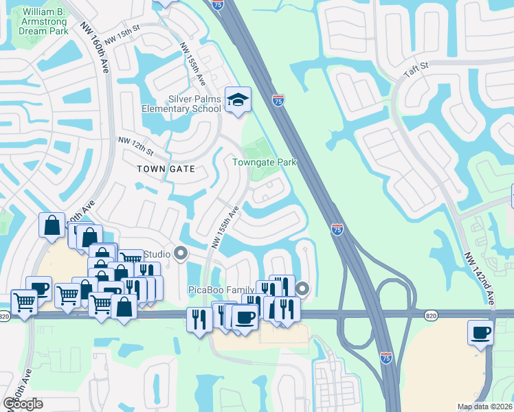 map of restaurants, bars, coffee shops, grocery stores, and more near 15129 Northwest 7th Court in Pembroke Pines