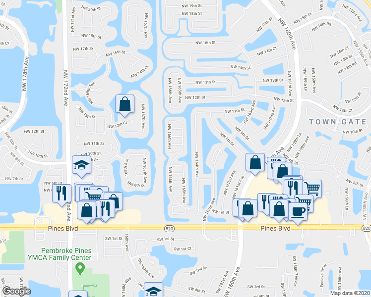 map of restaurants, bars, coffee shops, grocery stores, and more near 16510 Northwest 9th Street in Pembroke Pines