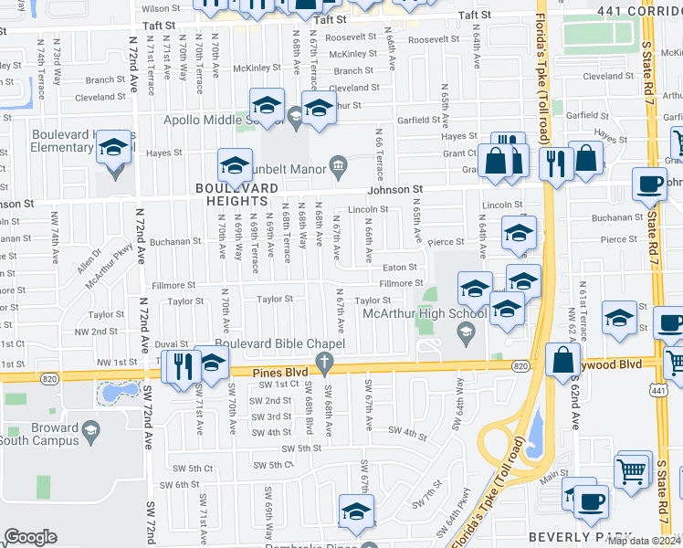 map of restaurants, bars, coffee shops, grocery stores, and more near 6650 Eaton Street in Hollywood