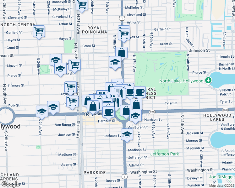 map of restaurants, bars, coffee shops, grocery stores, and more near in Hollywood