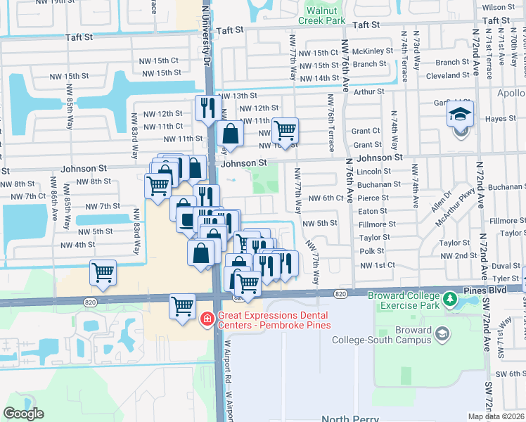 map of restaurants, bars, coffee shops, grocery stores, and more near 7851 Northwest 6th Street in Pembroke Pines
