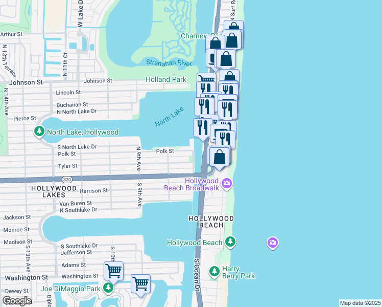 map of restaurants, bars, coffee shops, grocery stores, and more near 600 Polk Street in Hollywood