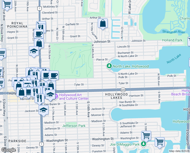 map of restaurants, bars, coffee shops, grocery stores, and more near 409 North 14th Avenue in Hollywood