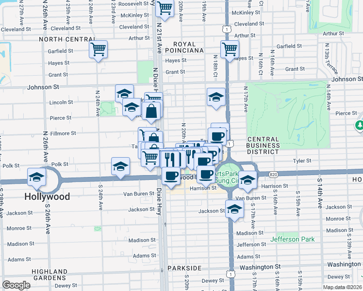 map of restaurants, bars, coffee shops, grocery stores, and more near 2029 Taylor Street in Hollywood