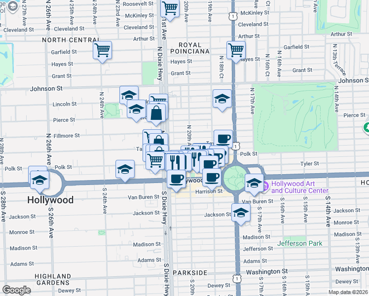 map of restaurants, bars, coffee shops, grocery stores, and more near 2029 Taylor Street in Hollywood