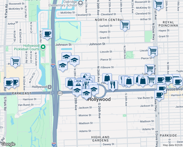 map of restaurants, bars, coffee shops, grocery stores, and more near 2622 Fillmore Street in Hollywood