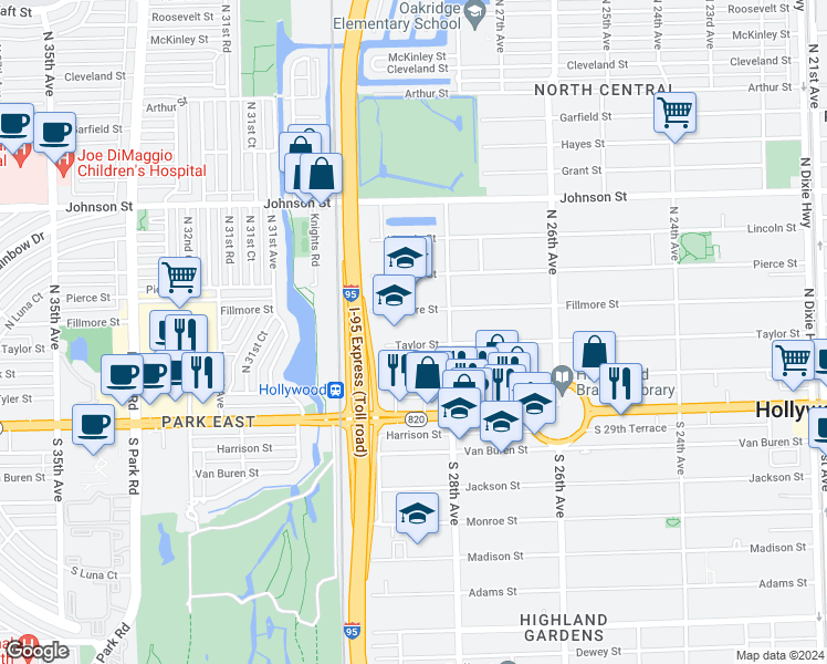 map of restaurants, bars, coffee shops, grocery stores, and more near 2830 Fillmore Street in Hollywood