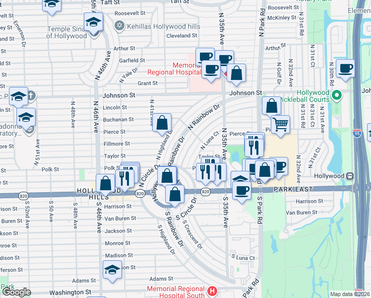 map of restaurants, bars, coffee shops, grocery stores, and more near 507 North Rainbow Drive in Hollywood