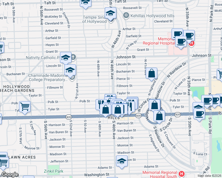 map of restaurants, bars, coffee shops, grocery stores, and more near 500 North 46th Avenue in Hollywood