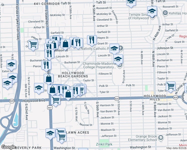 map of restaurants, bars, coffee shops, grocery stores, and more near 5617 Fillmore Street in Hollywood