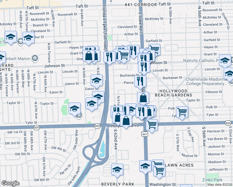 map of restaurants, bars, coffee shops, grocery stores, and more near 6131 Eaton Street in Hollywood