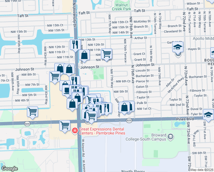 map of restaurants, bars, coffee shops, grocery stores, and more near 630 Northwest 78th Avenue in Pembroke Pines