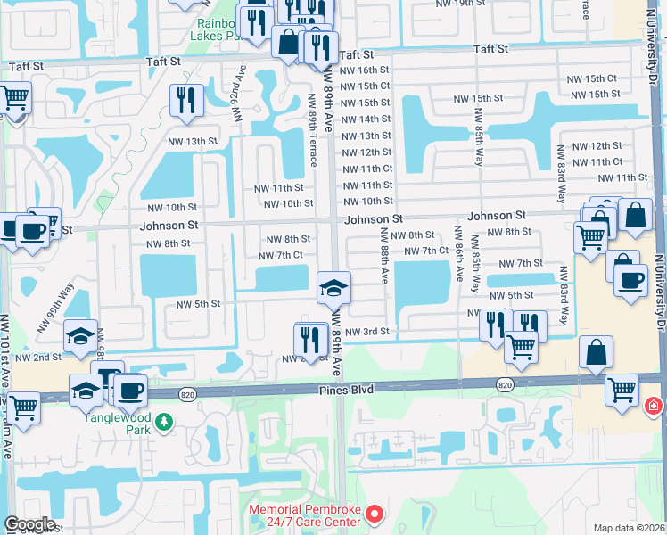 map of restaurants, bars, coffee shops, grocery stores, and more near 720 Northwest 88th Terrace in Pembroke Pines