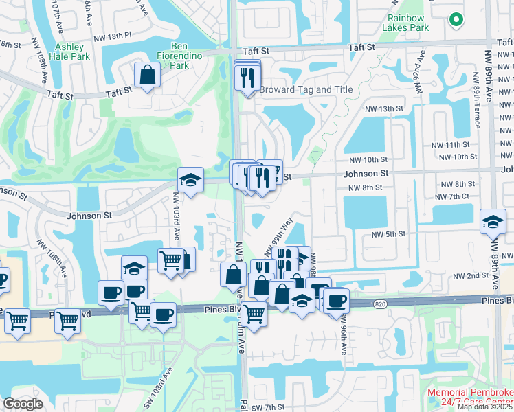 map of restaurants, bars, coffee shops, grocery stores, and more near 9940 Northwest 6th Court in Pembroke Pines
