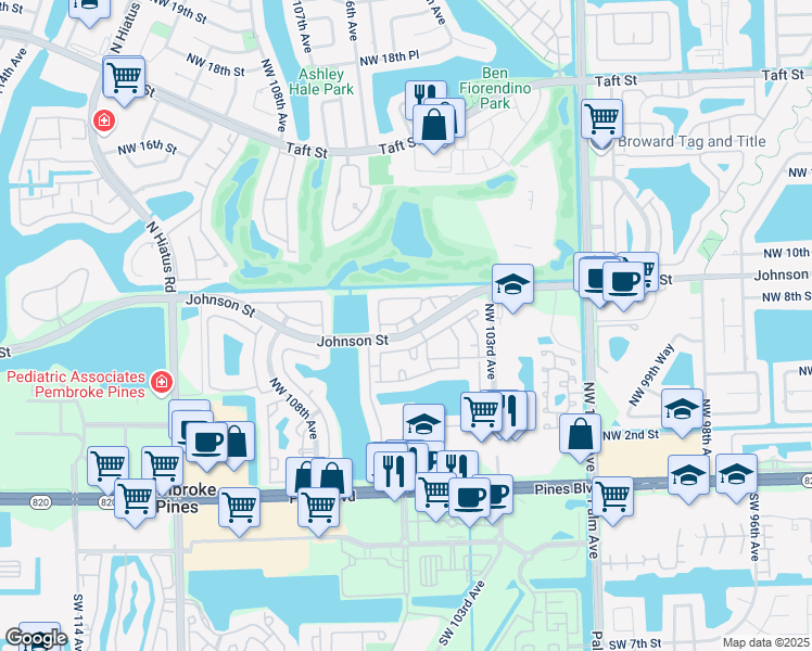 map of restaurants, bars, coffee shops, grocery stores, and more near 10549 Northwest 10th Street in Pembroke Pines