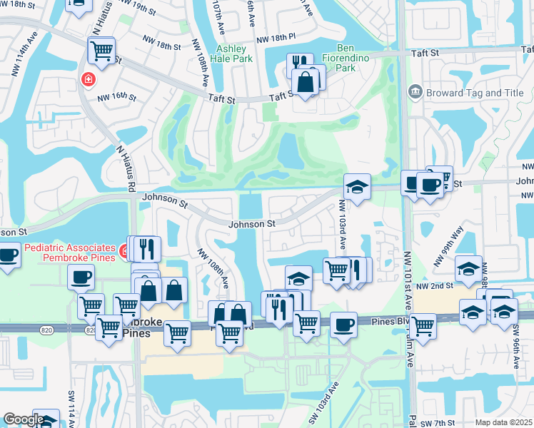 map of restaurants, bars, coffee shops, grocery stores, and more near 1072 Northwest 106th Terrace in Pembroke Pines