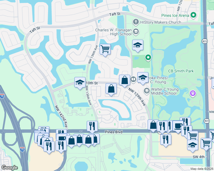 map of restaurants, bars, coffee shops, grocery stores, and more near 13202 Northwest 11th Street in Pembroke Pines