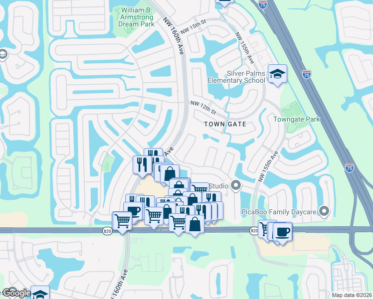 map of restaurants, bars, coffee shops, grocery stores, and more near 646 Northwest 159th Avenue in Pembroke Pines