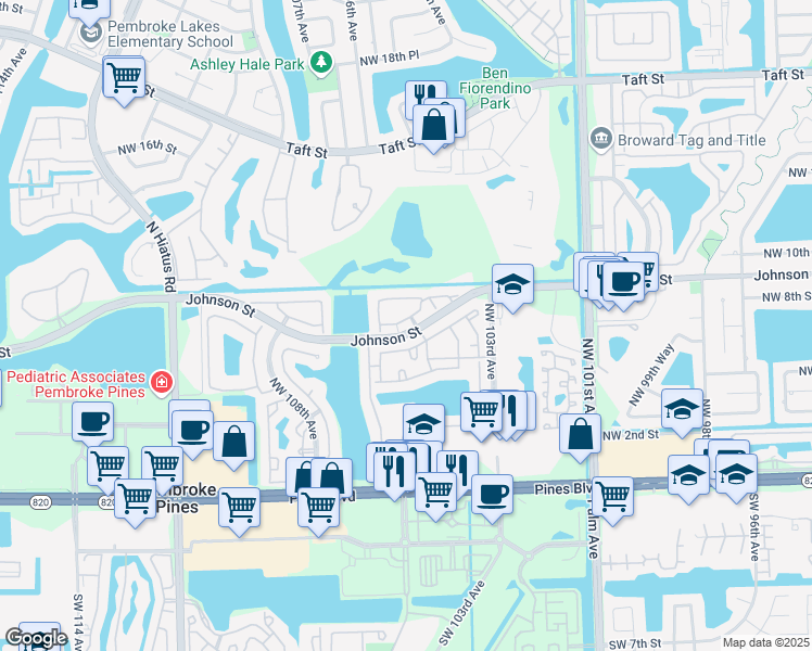 map of restaurants, bars, coffee shops, grocery stores, and more near 10516 Northwest 10th Street in Pembroke Pines