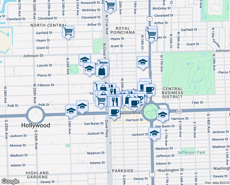 map of restaurants, bars, coffee shops, grocery stores, and more near 2029 Taylor Street in Hollywood