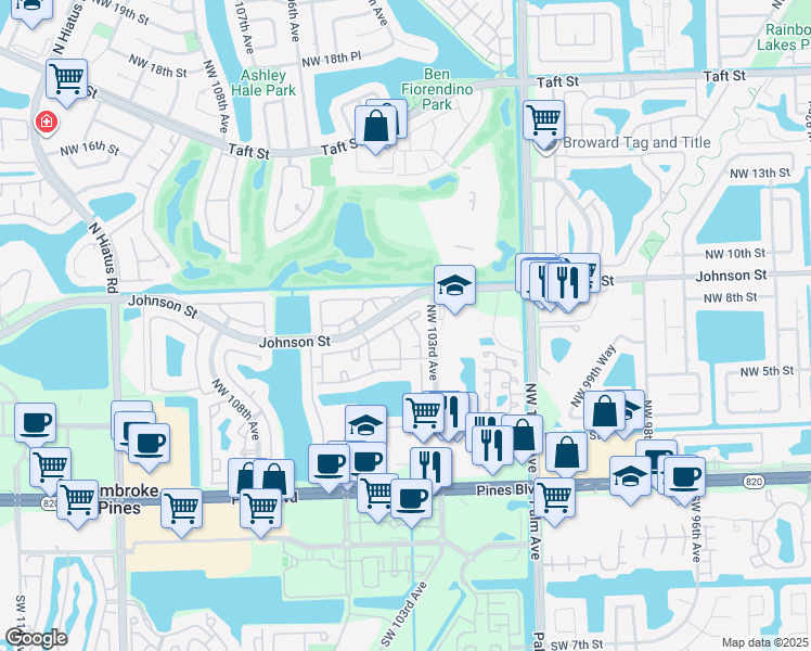 map of restaurants, bars, coffee shops, grocery stores, and more near 89 Northwest 8th Street in Pembroke Pines