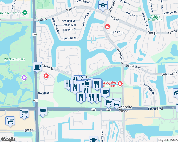 map of restaurants, bars, coffee shops, grocery stores, and more near 900 Colony Point Circle in Pembroke Pines