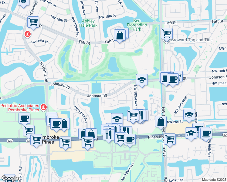 map of restaurants, bars, coffee shops, grocery stores, and more near 10540 Northwest 10th Street in Pembroke Pines